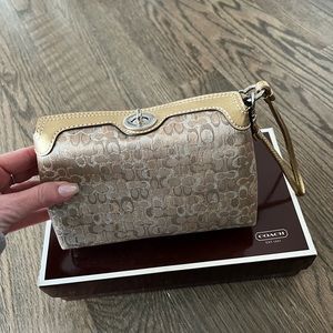 Coach Signature Gold and Tan Turnlock Wristlet NO BOX